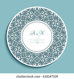 Greeting card or wedding invitation design with ornate lace border, circle openwork doily, cutout paper round ornament, swirly vector decoration for laser cutting or wood manufacturing