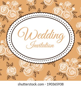 Greeting card "Wedding Invitation" in an oval frame on gold background of white outline roses