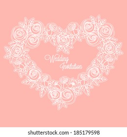 Greeting card "Wedding Invitation", pattern with heart of white outline of roses on a peach color background
