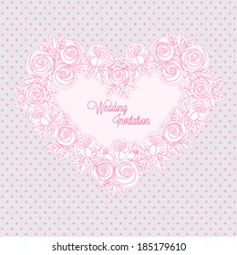 Greeting card "Wedding Invitation", pattern with heart of pink outline of roses on a light gray background with light pink polka dots