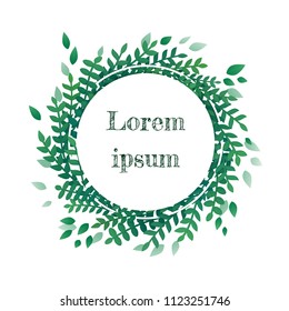 Greeting card, wedding invitation, product design, decorative element. Vector illustration of circular floral wreath, frame. Green leaves, herbs arranged clockwise on white background.