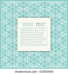 Greeting card or Wedding Invitation template. Abstract line pattern with place for the text. Geometric lace repeating pattern. Christmas decoration vector background
