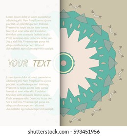 Greeting card or Wedding invitation template with place for the text. Tribal ethnic motif. Vector decorative colorful Mandala background, round geometric ornament, stylized floral lace pattern