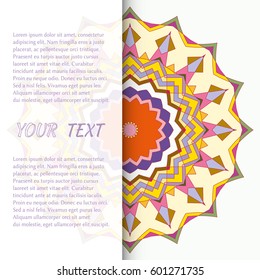 Greeting card or Wedding Invitation template. Abstract Line Mandala pattern background with place for the text. Geometric lace round ornamental pattern. Christmas, New Year decor, vector background