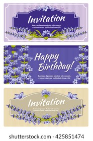 Greeting card, wedding invitation vector template with lavender flowers. Greeting invitation card for wedding and card template with flower lavender illustration