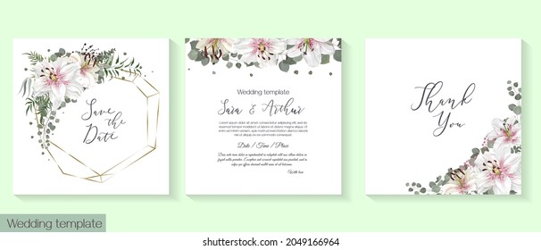 Greeting card for wedding invitation. White lilies, eucalyptus, elegant twigs, polygonal gold frame. Floral template for your text.