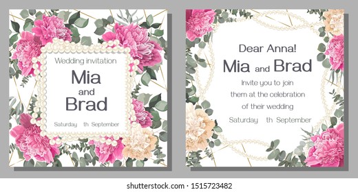 Greeting card for wedding invitations. Background with gold, frame of white pearls, pink peonies, eucalyptus.