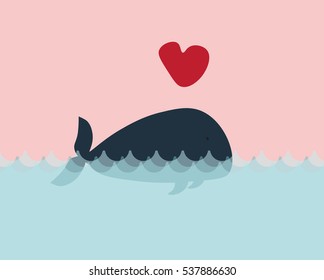 Greeting card with a whale in love. Valentines day vector background with copy place