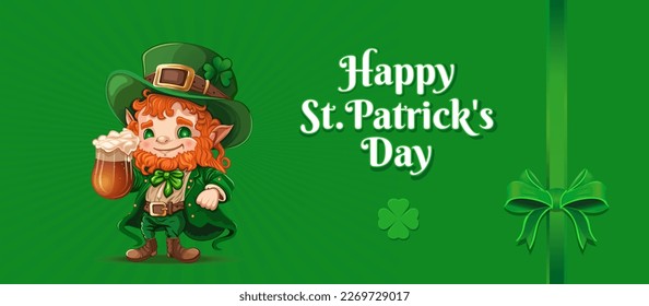 A greeting card where a cute red haired leprechaun raises a mug of beer and congratulates on St. Patrick Day. Vector illustration