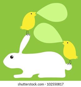 Greeting card with white bunny and two chickens sitting on his tail and ear