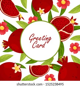 Greeting card with a white circle in the center of a pomegranate background. Vector illustration.