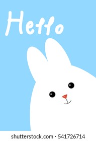 Greeting card with white cute rabbit. Funny Easter bunny