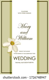 Greeting card with white daffodil flower, in beige color. Eps10 vector illustration
