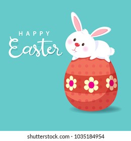 Greeting card with white Easter Bunny. Easter egg and cute rabbit