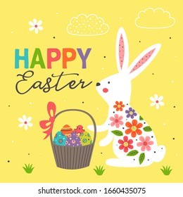 greeting card with white easter bunny on yellow background - vector illustration, eps    