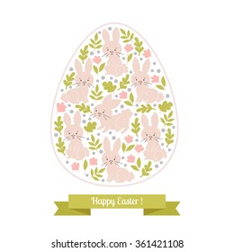 Greeting card white Easter bunny in the egg. Happy Easter vector.