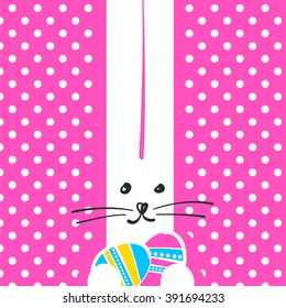 Greeting card with with white Easter funny bunny. Easter rabbit. Vector illustration. 

