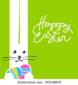 Greeting card with with white Easter funny rabbit. Easter Bunny. Easter vector illustration. 


