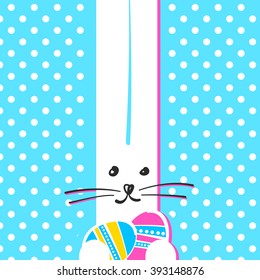 Greeting card with with white Easter funny bunny. Easter rabbit with easter eggs. Vector illustration. 

