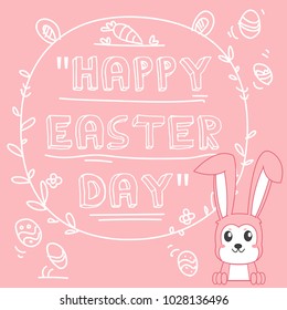 Greeting card with with white Easter rabbit. Funny bunny concept . Easter Bunny cute character design.