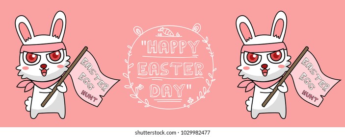 Greeting card with with white Easter rabbit. Funny bunny concept . Easter Bunny cute character design.