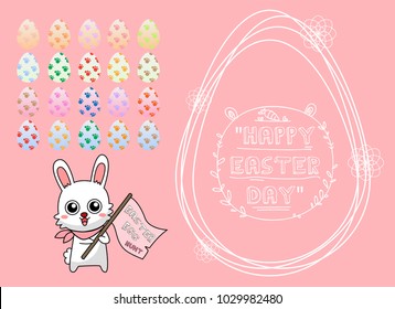 Greeting card with with white Easter rabbit. Funny bunny concept . Easter Bunny cute character design.
