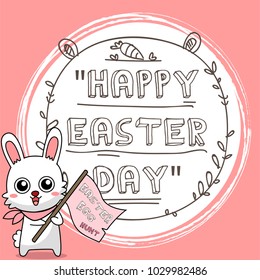 Greeting card with with white Easter rabbit. Funny bunny concept . Easter Bunny cute character design.