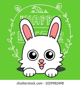 Greeting card with with white Easter rabbit. Funny bunny concept . Easter Bunny cute character design.