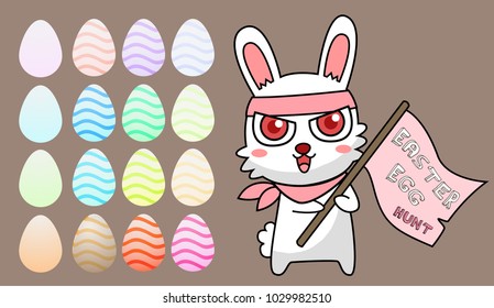 Greeting card with with white Easter rabbit. Funny bunny concept . Easter Bunny cute character design.
