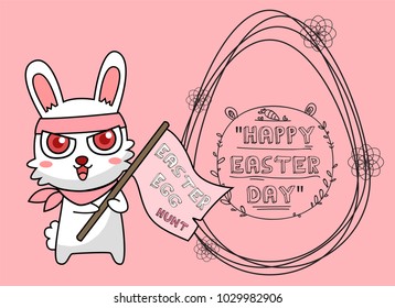 Greeting card with with white Easter rabbit. Funny bunny concept . Easter Bunny cute character design.