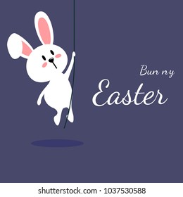 Greeting card with white Easter rabbit. Funny bunny in flat style. Easter Bunny. Happy easter lettering card with cute rabbit children vector illustration.