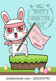 Greeting card with with white Easter rabbit. Funny bunny character concept . Easter Bunny cute character design.