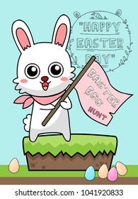 Greeting card with with white Easter rabbit. Funny bunny character concept . Easter Bunny cute character design.