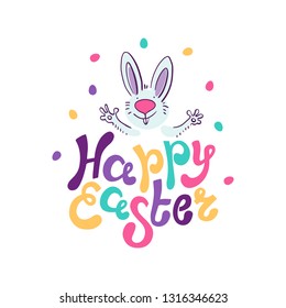 Greeting card with white Easter rabbit. Funny bunny in flat style. Easter Bunny. Happy easter lettering card with cute rabbit children vector illustration.