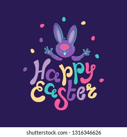 Greeting card with white Easter rabbit. Funny bunny in flat style. Easter Bunny. Happy easter lettering card with cute rabbit children vector illustration.