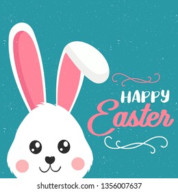 Greeting card with white Easter rabbit. Funny bunny in flat style. Easter Bunny. Happy easter lettering card with cute rabbit children vector illustration. 