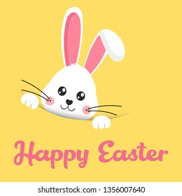 Greeting card with white Easter rabbit. Funny bunny in flat style. Easter Bunny. Happy easter lettering card with cute rabbit children vector illustration. 