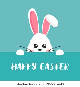 Greeting card with white Easter rabbit. Funny bunny in flat style. Easter Bunny. Happy easter lettering card with cute rabbit children vector illustration. 