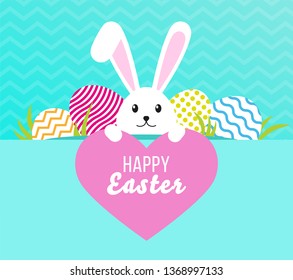 Greeting card with white Easter rabbit. Funny bunny in flat style. Easter Bunny. Happy easter lettering card with cute rabbit vector illustration.