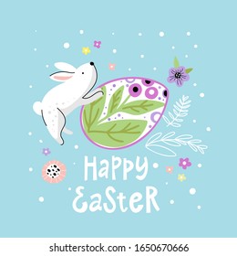 Greeting card with white Easter rabbit and egg with floral ornament and hand written phrase - happy easter. Vector illustration.