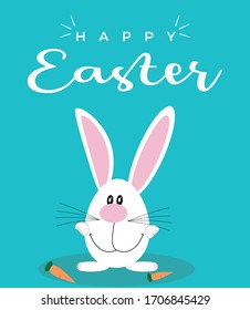 Greeting card with with white Easter rabbit. Funny bunny. Easter Bunny. Easter bunny on blue background. Vector illustration.