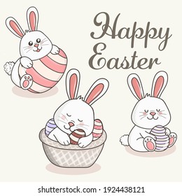 Greeting card with with white Easter rabbit. Cute Easter rabbit with ears and lettering Happy Easter