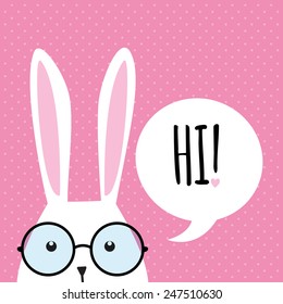 Greeting card with with white Easter rabbit. Funny bunny. Easter Bunny. 