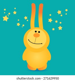 Greeting card with with white Easter rabbit. Funny bunny. Easter Bunny.
Cartoon happy rabbit 