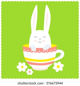 Greeting Card with White Easter Rabbit. Funny Bunny Illustration. Easter Bunny in a cup.