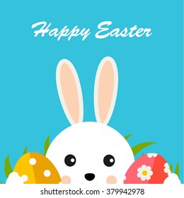 Greeting card with with white Easter rabbit, green grass and easter eggs. Funny bunny. Easter Bunny