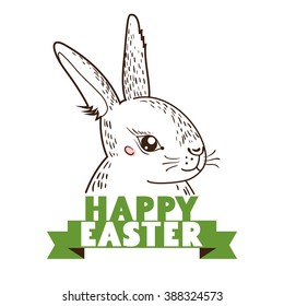 Greeting card with with white Easter rabbit. Funny bunny. Easter Bunny. Hand draw sketch, vector illustration