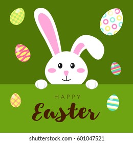Greeting card with white Easter rabbit and colored eggs. Funny bunny in flat style. Easter Bunny. Egg hunt. Happy easter lettering card with cute rabbit children vector illustration.