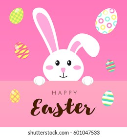 Greeting card with white Easter rabbit and colored eggs. Funny bunny in flat style. Easter Bunny. Egg hunt. Happy easter lettering card with cute rabbit children vector illustration.