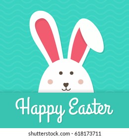 Greeting card with with white Easter rabbit. Funny bunny. Easter Bunny